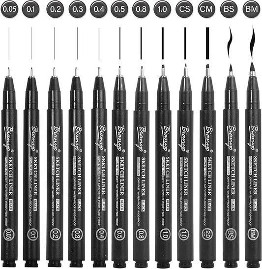 Bianyo Black Art Pen Set - 12 Assorted Sizes Fine Line Drawing, Upgraded Pigment Ink, Water-Resistant Archival Pens for Artists, Crafters, and Journaling