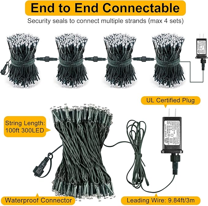 100FT 300 LED Christmas Lights Outdoor, Warm White Christmas Tree Lights with 8 Modes Waterproof, Connectable Green Wire String Lights Indoor for Patio Garden Xmas Party Decorations