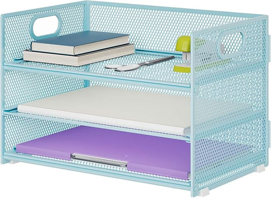 Marbrasse 3 Tier Paper Organizer Letter Tray, Mesh File Organizer with Handle, Paper Sorter Desk Organizer for Home Office Supplies(Blue)