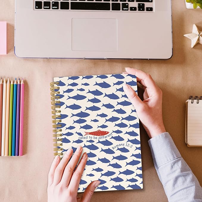 Christian Fish Spiral Notebook, Coastal Beach Bible Journaling Notebooks for Note Taking, Ocean Fish Hardcover Journals for Women Men 160 Pages 5.5 x 8.3 Inch, Christian Gifts for Women