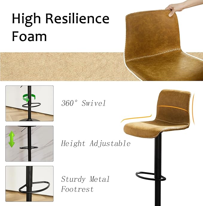 HeuGah Bar Stools Set of 4, Swivel Counter Height Barstools with Back, Adjustable Height 24" to 32", Whiskey Brown Faux Leather Bar Chairs for Kitchen Island (Whiskey Brown, Set of 4 (24'' to 32''))