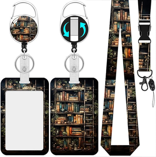 Lanyards for Id Holder, Bookshelf ID Badge Holder with Retractable Lanyard, ID Holder with Badge Reel Clips, Name Tag ID Card Holder Teacher Women Doctor Office Gift