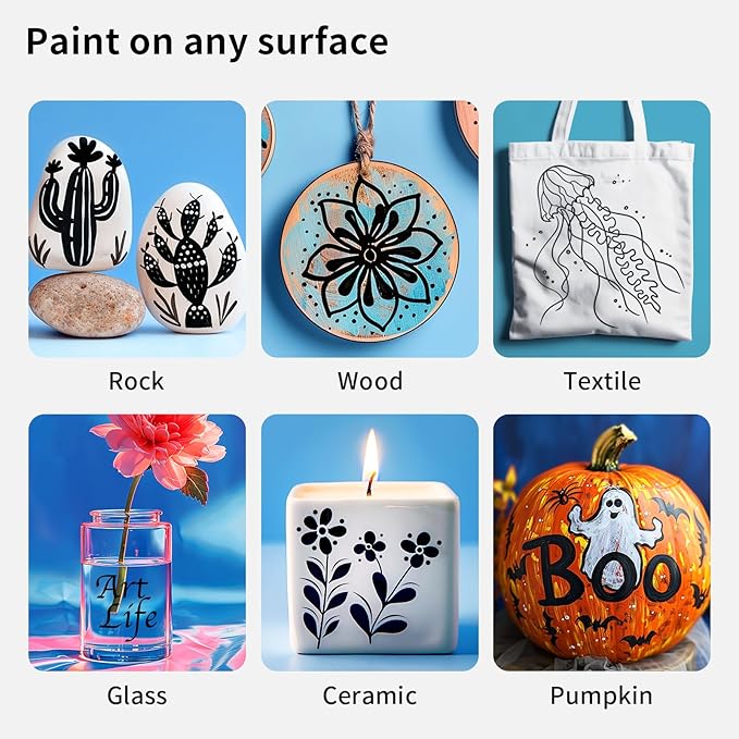 NAWOD 6 Black Acrylic Paint Pens, Acrylic Paint Markers Dual Tip (Fine 1mm + Dot 5mm), Acrylic Permanent Markers for Rock, Fabric, Canvas, Ceramic, Glass, Wood, Paper, Labeling, Drawing, DIY Crafts