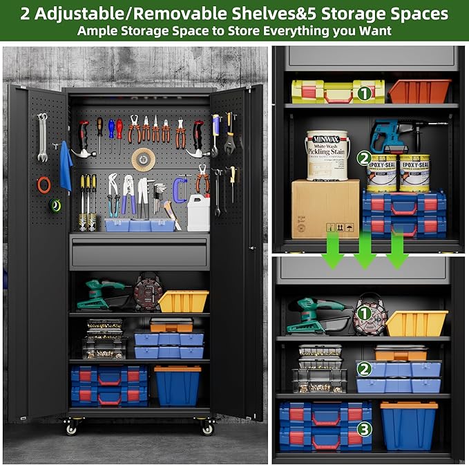 Aobabo Garage Storage Cabinet with Wheels, Metal Tool Storage Cabinet with 1 Drawer for Home,Assembly Required,Black