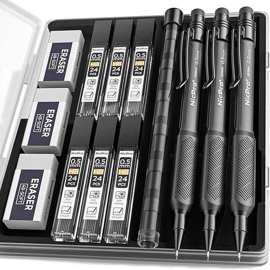 Nicpro HD1000 0.5 mm Art Mechanical Pencil Set in Case, 3 PCS Weatherproof Mechanical Pencils with 6 Tube HB Refills, Eraser, Weatherproof Barrel for Outdoor Writing Marking Drafting Drawing Sketching