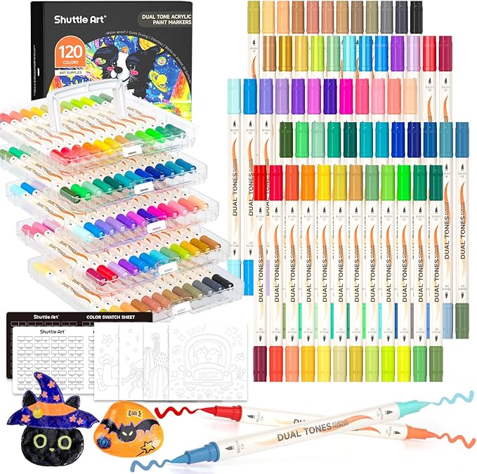 Shuttle Art 60 Pack Dual Tone Acrylic Paint Markers, 120 Colors Acrylic Paint Pens for Rock Painting, Ceramic, Wood, Canvas, Glass, Stone, Fabric, Card Making, DIY & Art Supplies