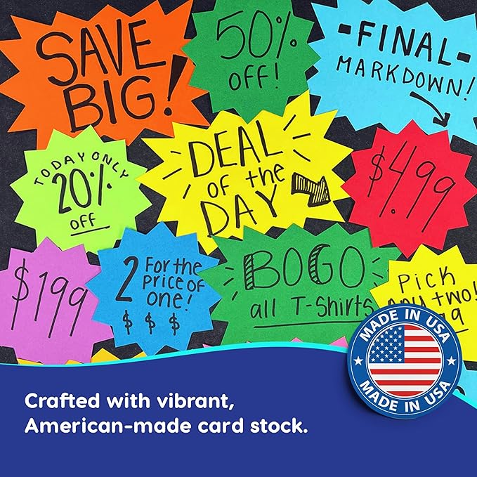 FreshCut Crafts 80 pcs Starburst Signs Multicolor Blank Tags in 2 Sizes for Retail Sales, US Made Card Stock Punch Out Signs for Garage Sale Yard Sale Bulletin Board Decoration