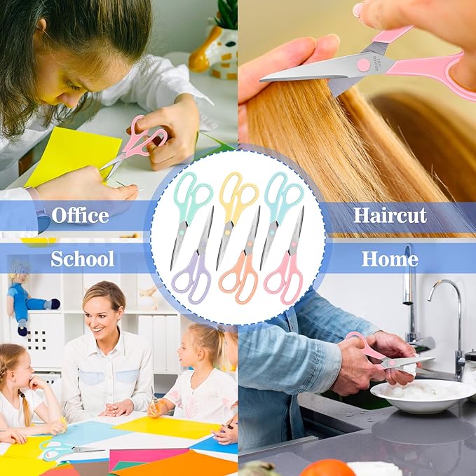 Scissors Set of 6-Pack, 8" Scissors All Purpose Comfort-Grip Handles, Sharp Scissor for Office Home School Craft Sewing Fabric Supplies, High/Middle School Student Teacher, Right/Left Hand