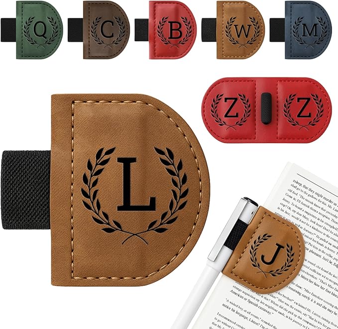 Personalized Bygone Mark Bookmark with Pen Holder,Engraving Leather Magnetic Bookmarks Vintage 26 Letters Name Initials Text Book Marker Clips Gifts for Reading Book Lovers Women (Brown, L)
