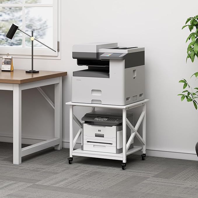 23.6 x 23.6 Inches Large Printer Stand, 2 Tier Square Printer Table with Storage Shelf for Home Office, Multi-use Rolling Cart with Wheels for Laser, 3D Printer and Mini Fridge - White