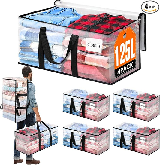 BlissTotes 4-Pack Large Moving Bags with Backpack Straps & Strong Zippers, Heavy-Duty Storage Bags Moving Boxes for Space Saving, Dorms, Transport, 125L-30 Gallons, Clear