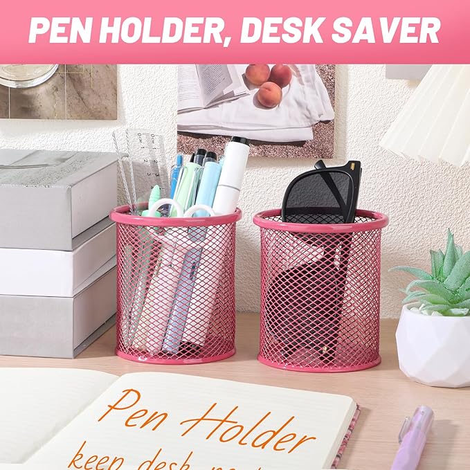 Segarty Pen Cup, 6 Pack Cute Dark Pink Pen Holder, Round Mesh Pencil Holder for Desk, Desktop Accessories Organizer for Office Supply, School, Home Storage, Makeup Brush Organization