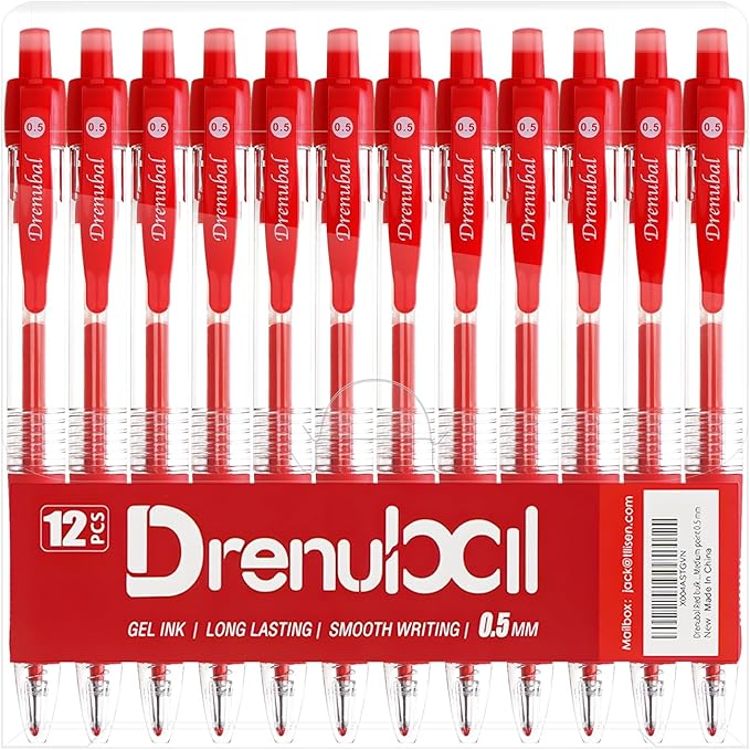 Red Bulk Pack for School Office of 12 Ink Pens, Retractable Ballpoint Pens Medium Point 0.5 mm