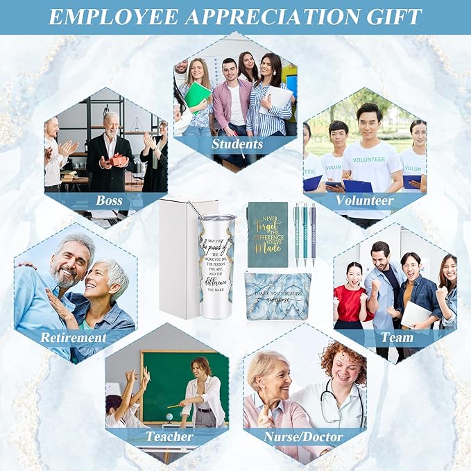 Domensi 6 Pcs Employee Appreciation Gift Set for Women Female Thank You Gift May You Be Proud 20 oz Rustic Marble Sign Tumbler Makeup Bag Journal for Teacher Nurse Lady Work Business(Blue)