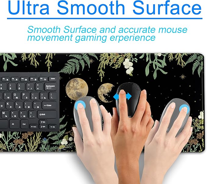 Green Tropical Leaves Desk Mat Black Mouse Pad Cute Anime Moon Deskmat, Women Office Decor Computer Laptop Keyboard Mouse Mat, XL Large Gaming Mousepad Desk Pad with Stitched Edge 31.5''x11.8''