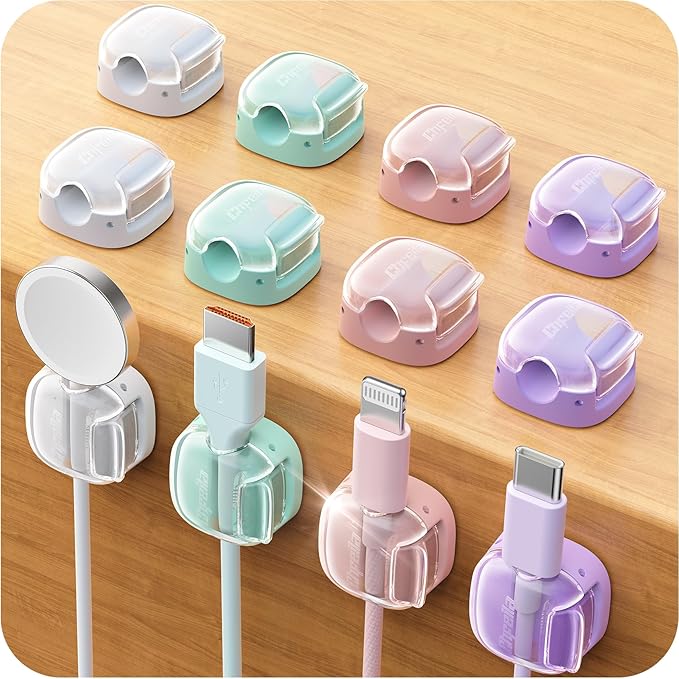 12 Pack Cord Holder Cable Clips,Cord Clips Multicolor [Dual Spring & Clasp Lock],Cute Phone Cord Holder for Nightstand, Chfeila Home Office Organizer Cable Clips for Car Desk Workspace Teen Room Decor