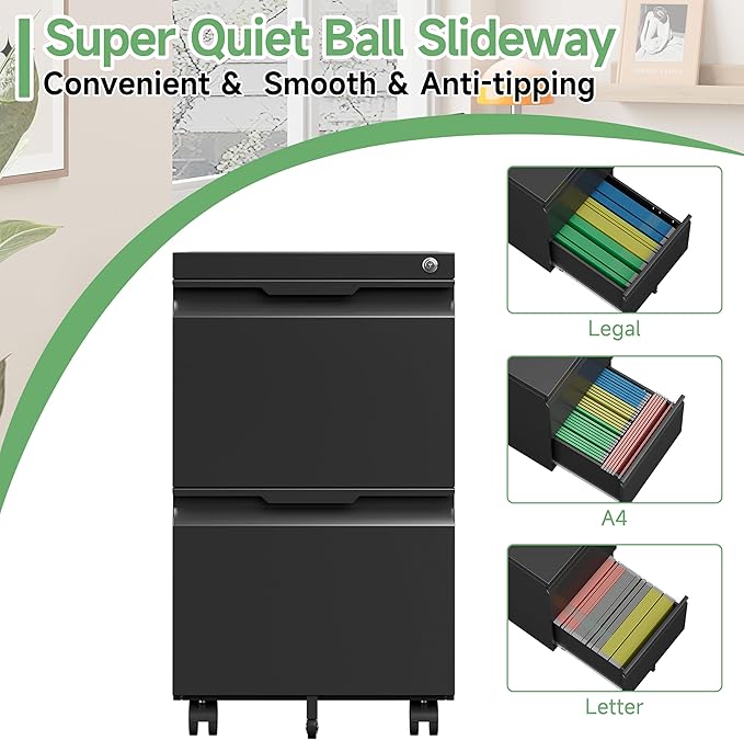 2 Drawer Mobile File Cabinet with Lock,Under Desk Metal Filing Cabinets with Wheels for Home Office Organizer Letters/Legal/A4(Easy Assemble-Black)