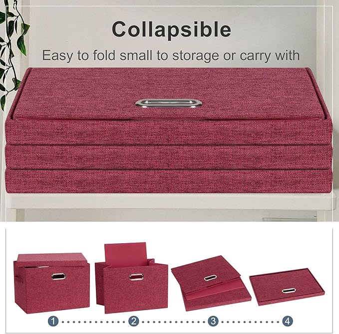 Large 17" 36 Quart Collapsible Stackable Storage Bins with Lids, 3 Packs Bright Red Linen Fabric Closet Boxes with Lids, Storage Cube Baskets Container Organizers for Office (17x12x11)
