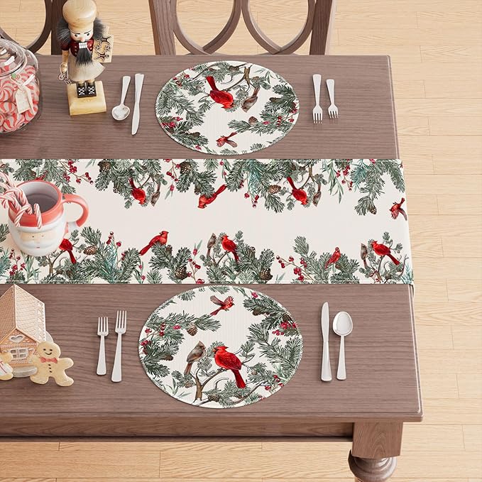 XCHI Cardinal Birds Winter Pine Tree Christmas Xmas Round Placemats Set of 4 Table Mats for Party Home Kitchen Dining Table Decorations 14x14 Inch