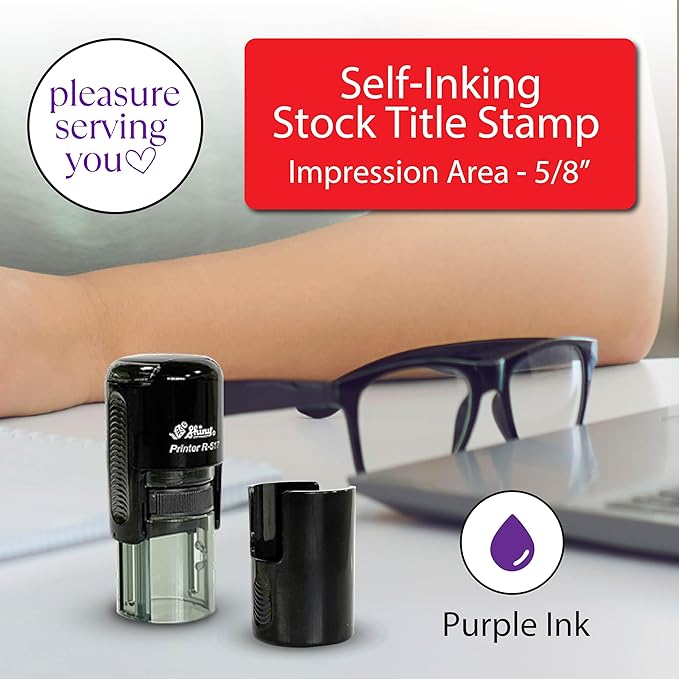 Shiny Pleasure Serving You Stamp, Round Self Inking Stamp for Office and Retail, Purple Ink