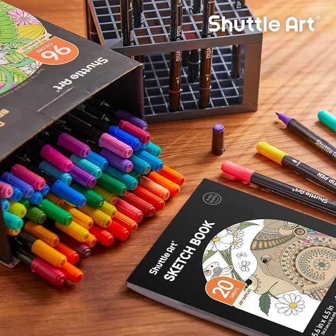 Shuttle Art Dual Tip Brush Pens, 96 Colours Fine and Brush Tip Markers Set with Pen Holder & 1 Colouring Book, Felt Tip Colouring Pens for Adults and Children Colouring Calligraphy Journal Doodling