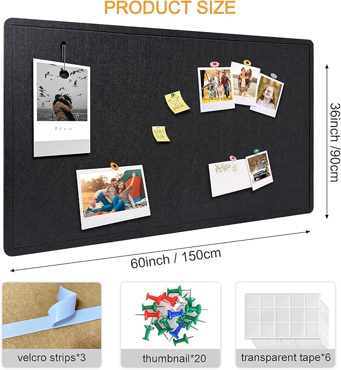 Large Bulletin Board - Foldable 36x60 Inches Cork Board Alternative with 20 Push Pins, 5' x 3' Self-Adhesive Felt Bulletin Board for Wall, Home Office Classroom Decor