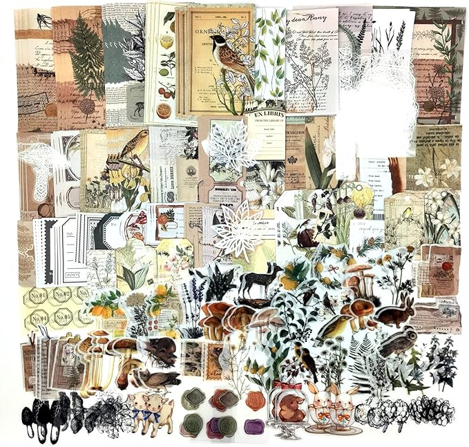 260PCS Vintage Journaling Scrapbooking Supplies Scrapbook Sticker Paper Ephemera Pack for Bullet Junk Journal Planners Collage Craft Notebooks Album (Plants and Birds)
