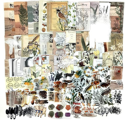 260PCS Vintage Journaling Scrapbooking Supplies Scrapbook Sticker Paper Ephemera Pack for Bullet Junk Journal Planners Collage Craft Notebooks Album (Plants and Birds)