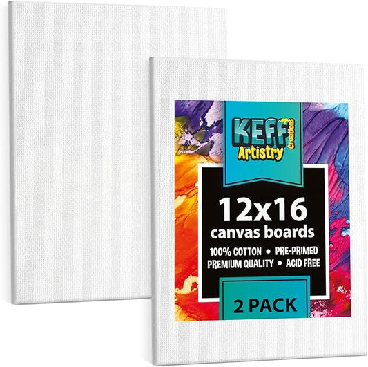 KEFF Canvas Boards for Painting - 12x16 2-Pack Bulk Canvas Panels, 100% Cotton Triple Primed Large Canvases for Art Painting Supplies, Acrylic, Oil, Watercolor & Tempera