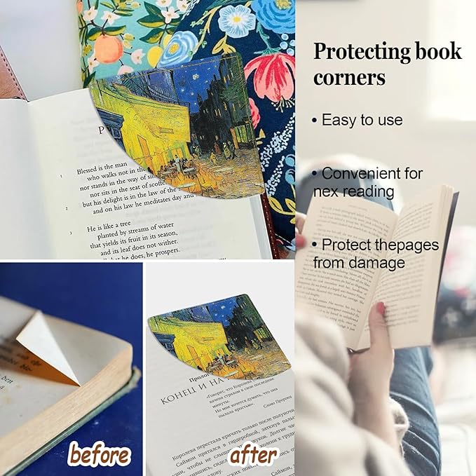 Van Gogh Starry Night Bookmarks Leather,4 Pcs Fun Book Accessories for Reading Lovers, Personalized Corner Page Markers for Women Men Girls Boys Student Teacher Kids Gifts (Oil Painting)