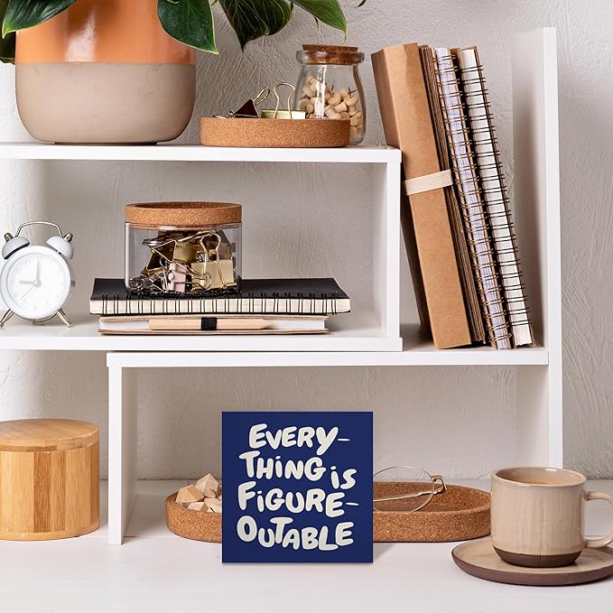 Inspirational Navy Blue Office Decor, Every Thing is Figure Outable Motivational Office Accessories Wooden Box Sign, Inspirational Gifts for Women, Men Wall Desk Shelf Tabletop Decoration 5x5In