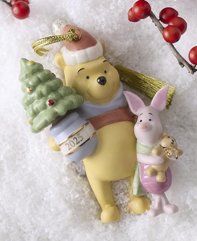 Lenox Ornament, 2025 Winnie The Pooh & Piglet Christmas Ornament, Porcelain, Gold Cord for Tree Decoration, Christmas Decorations, Winter Decorations, Tree Ornaments, Winnie The Pooh Design (1 Piece)