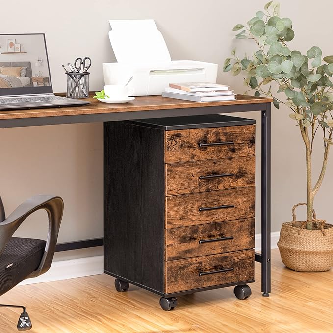 HOOBRO 5-Drawer File Cabinet, Office Filing Cabinet with Drawers, Wooden Mobile Storage Cabinet with Wheels, for Makeup, Home Office, Easy Assembly, Rustic Brown BF05WJ01G1