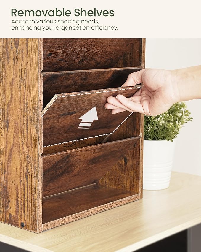 Wall File Organizer, 10-Tier Hanging Mail Organizer, Wall Mount File Holder with 4 Side Hooks, Mail and Storage Organizer, Wooden Vertical Hanging Holder for Office, Rustic Brown MWJ03FG