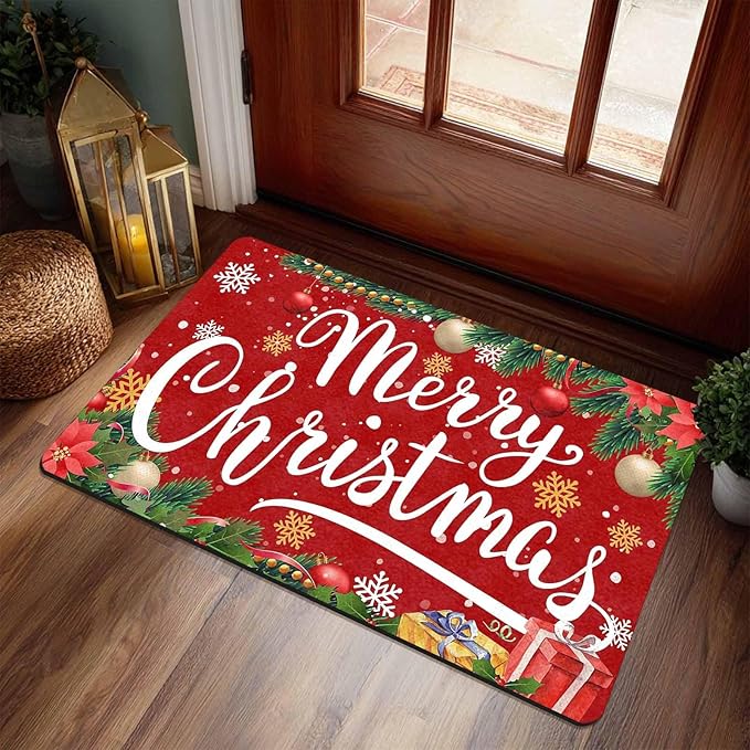 InterestPrint Merry Christmas Welcome Mat Low Profile Entrance Decoration Easy Clean Door Rug Christmas Red Doormat Outdoor Entrance for Outside Entrance Or Porch Entry, 16" x 24" Inch