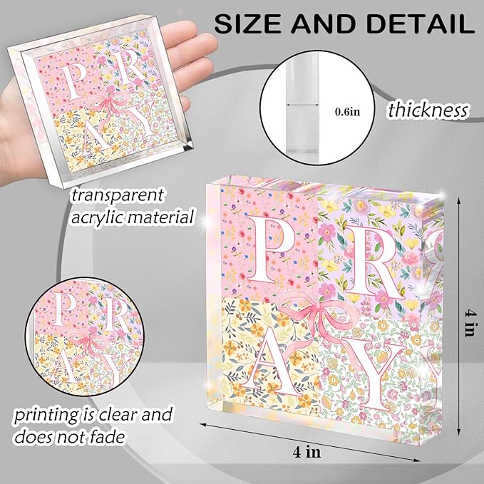 Appreciation Gifts, Pink Bow Christian Gifts for Women, Pink Office Home Decor for Women, Flowers Desk Decorations for Office- Pray- Christian Desk Plaque- Pray-Bible Verse Decoration