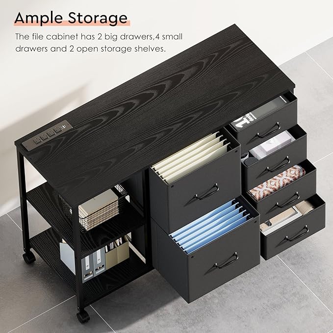 6 Drawer File Cabinet with Charging Station Rolling Printer Stand with Open Storage Shelf Fabric Lateral Filing Cabinet for Home Office,Black