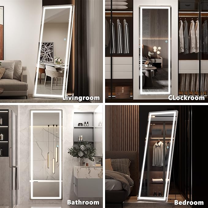 Hasipu Full Length Mirror with Lights, 65" x 22" LED Floor Mirror, Full Body Dressing Standing, Hanging Mounted Mirror for Living Room Bedroom Cloakroom, Round White