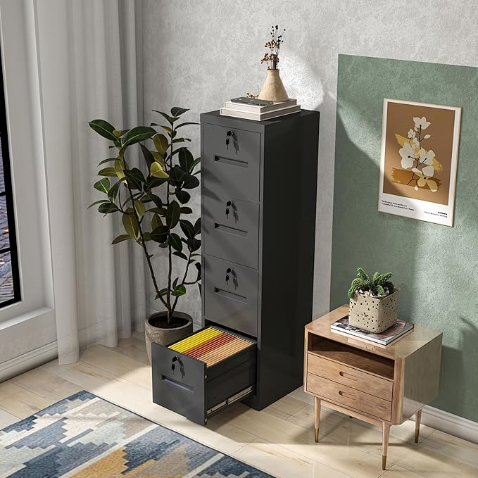 4 Drawer File Cabinet with 4 Lock, Metal Filing Cabinet, Heavy Duty Vertical File Cabinets for Home Office, Steel File Storage Cabinets for Letter/Legal File Folders, Assembly Required (Black)