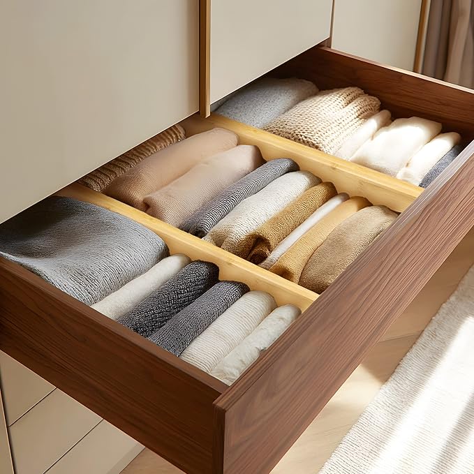 VaeFae 3 Pack Bamboo Drawer Dividers, 4" High Adjustable 16.6" - 21.8" Clothes Drawer Organizers, Expandable Separators for Bedroom/Bathroom/Kitchen/Office Storage