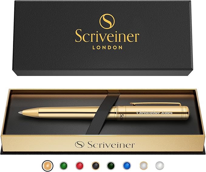 Scriveiner Personalized Gold Ballpoint Pen - Stunning Luxury Pen, Real Gold Plating, Schmidt Ink Refill, Best Engraved Ball Point Gift Set for Men & Women, Custom Name Engraving