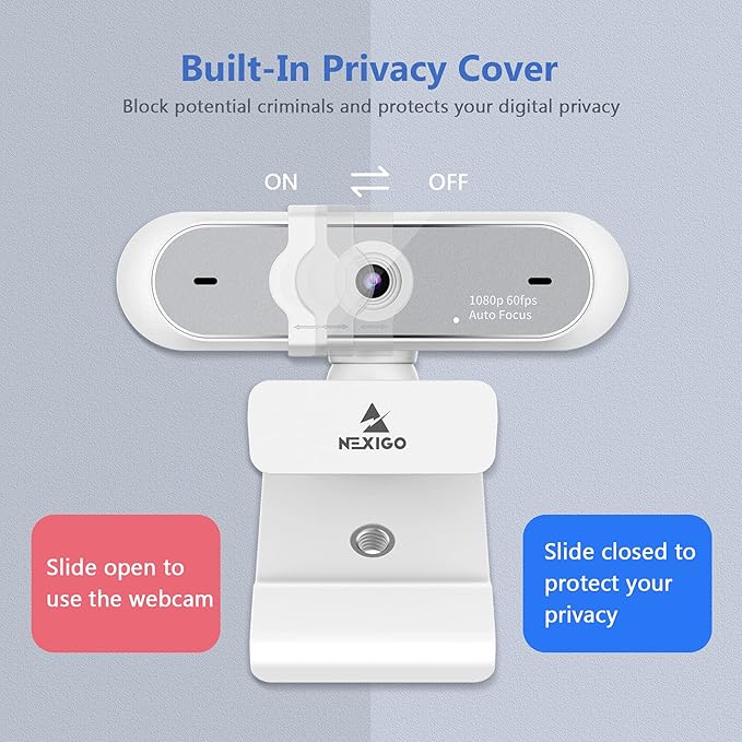 NexiGo N660P (Gen 2) 1080P 60FPS Webcam with Software Control, Dual Microphone & Cover, Autofocus, HD USB Computer Web Camera, for OBS/Zoom/Skype/FaceTime/Teams/Twitch, White