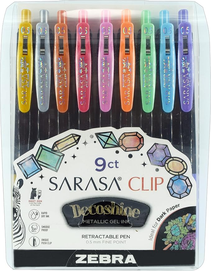 Zebra Pen Sarasa Clip Decoshine Retractable Gel Pen, 0.5mm Fine Point, Assorted Metallic Colors, Ideal for School Supplies and Teacher Supplies, 9-Pack (49009)