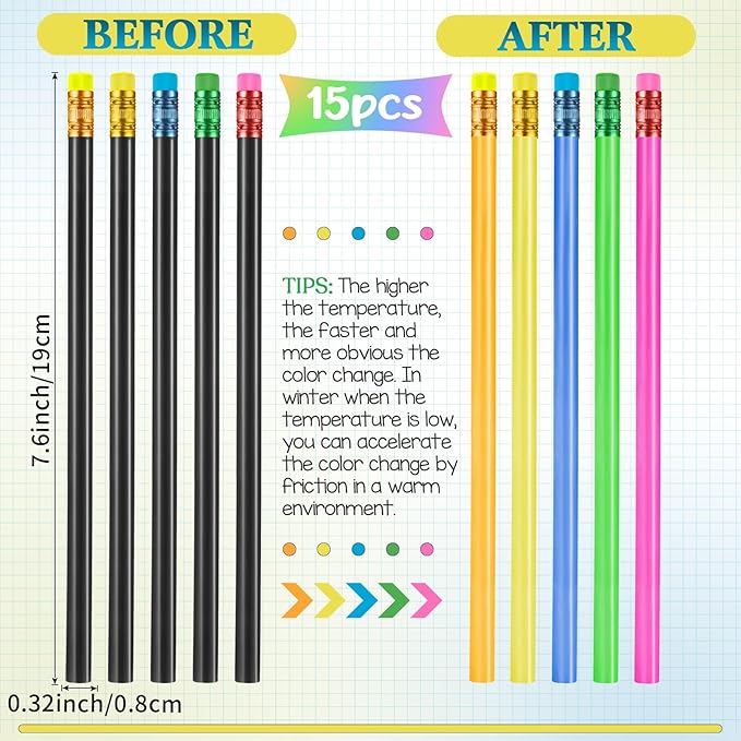 Outus 15 Pieces Color Changing Mood Pencil Bulk with Eraser 2B Wooden Heat Activated Fun Pencils Assorted Colors Thermochromic Pens Gifts for Prizes Birthday Gift Party Favors