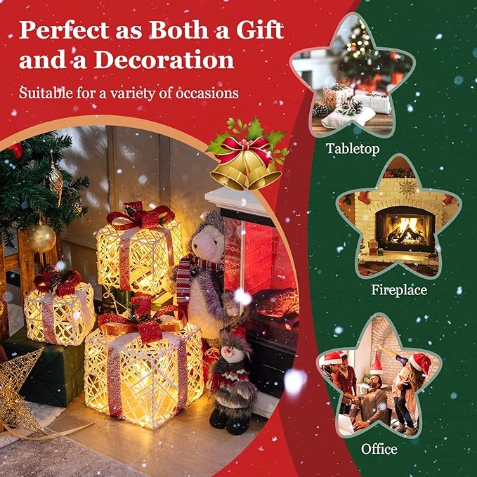 Tangkula Set of 3 Lighted Box, Pre-lit Present Boxes with 100 Warm White Lights, Exquisite Patterns, Bows, Ground Stakes, Indoor Outdoor Christmas Decoration for Yard Lawn