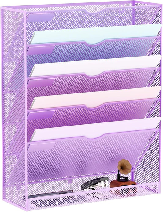 Hanging Wall File Organizer 6 Tier Wall Mounted Mail Paper Folder Holder Document Organization Stand, Vertical Desk Magazine Rack for Office Home Cubicle Countertop, Light Purple