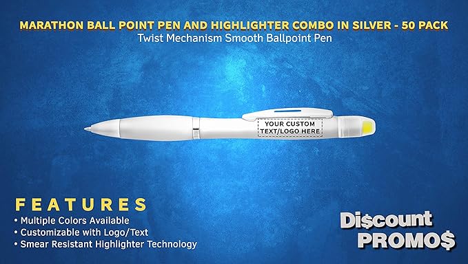 DISCOUNT PROMOS 50 Marathon Gel Highlighter Pens Pack - Customizable Text, Logo - Twist Mechanism, Ballpoint - Silver