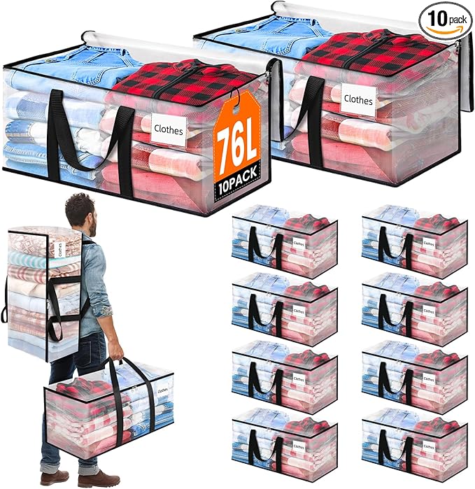 BlissTotes 10-Pack Large Moving Bags with Backpack Straps & Strong Zippers, Heavy-Duty Storage Bags Moving Boxes for Space Saving, Dorms, Transport, 76L-20 Gallons, Clear