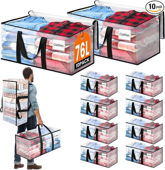 BlissTotes 10-Pack Large Moving Bags with Backpack Straps & Strong Zippers, Heavy-Duty Storage Bags Moving Boxes for Space Saving, Dorms, Transport, 76L-20 Gallons, Clear