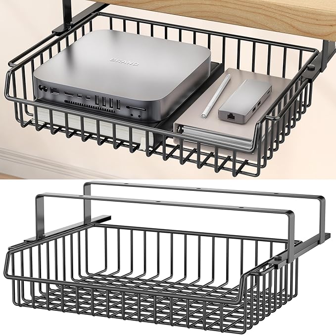 Under Desk Drawer, Slide Out Design,No Drill Metal Under Desk Cable Management, Under Table Storage Shelf Tray Basket Under Table Drawer Organizer for Office, Home, Workspace, Cabinet